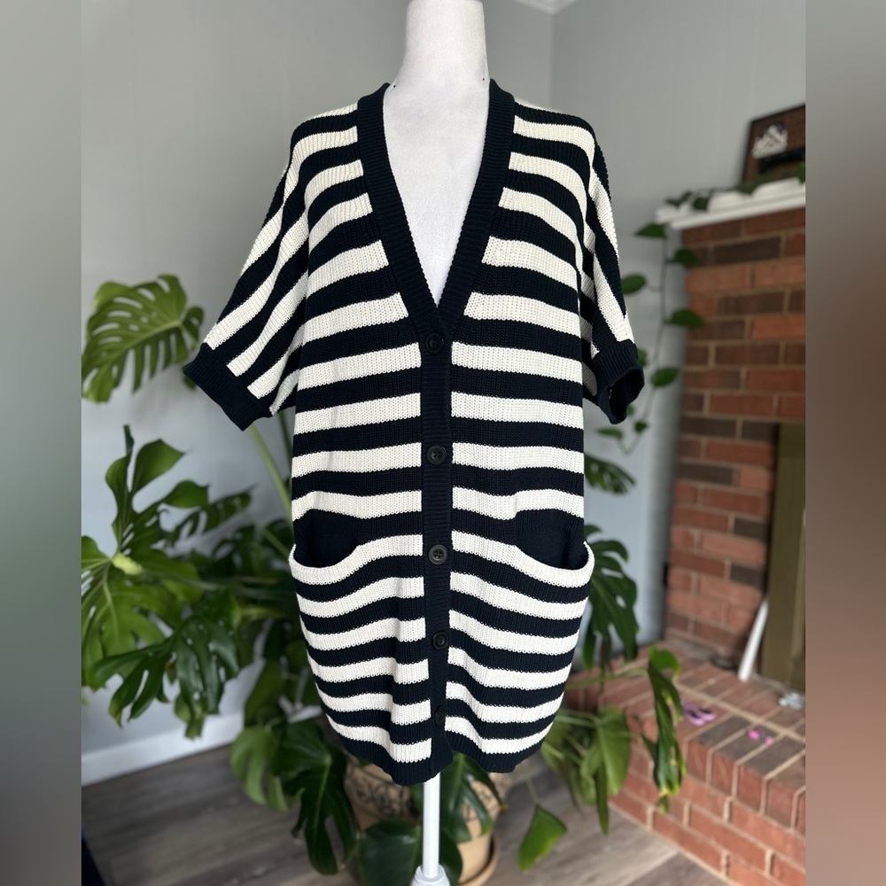 #3) Cabi white and navy strapped short sleeve cardigan with cute pockets. Small